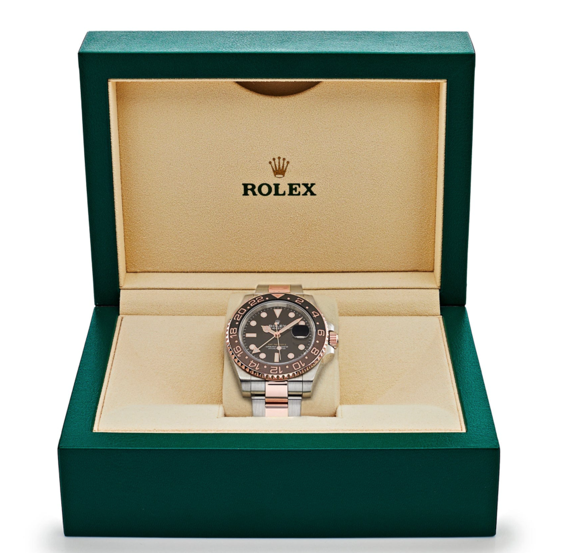 Gmt-master ii rose gold stainless black dial 40mm