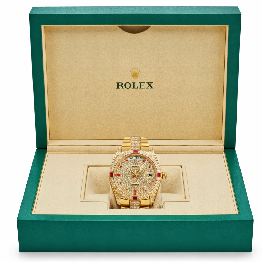 Day-date yellow gold roman dial ruby bezel 40mm