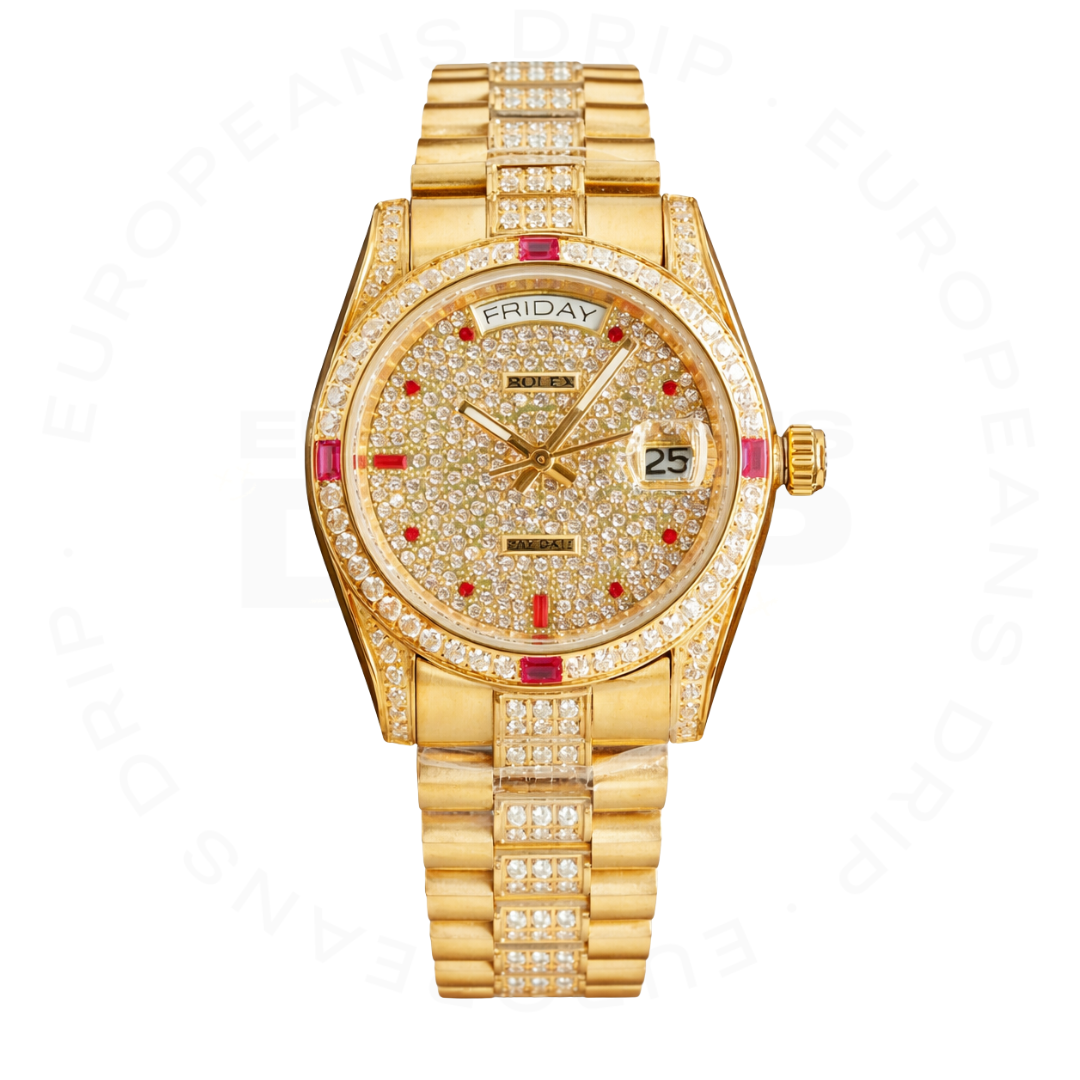 Day-date yellow gold roman dial ruby bezel 40mm