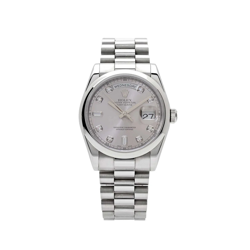 Rolex Day-Date ⁠118206 Platinum Silver Diamond Dial (2022)